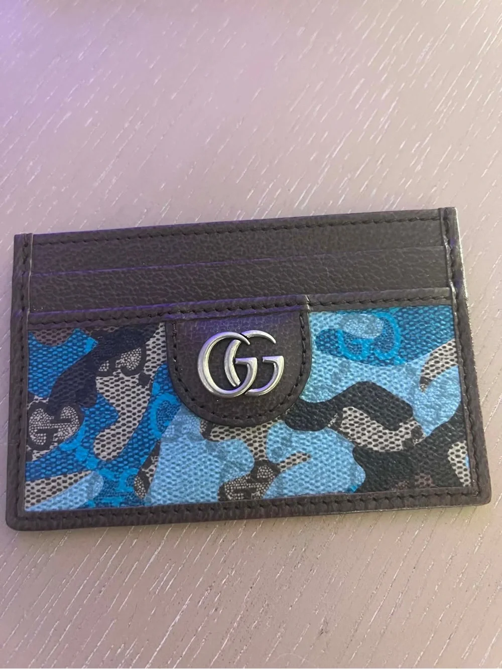 GG Logo Brown Leather Card Case with Blue Camouflage Canvas